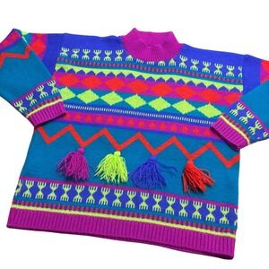 Vintage 80s Knitwaves Acrylic Neon Abstract Funky Tassel Sweater Kids USA